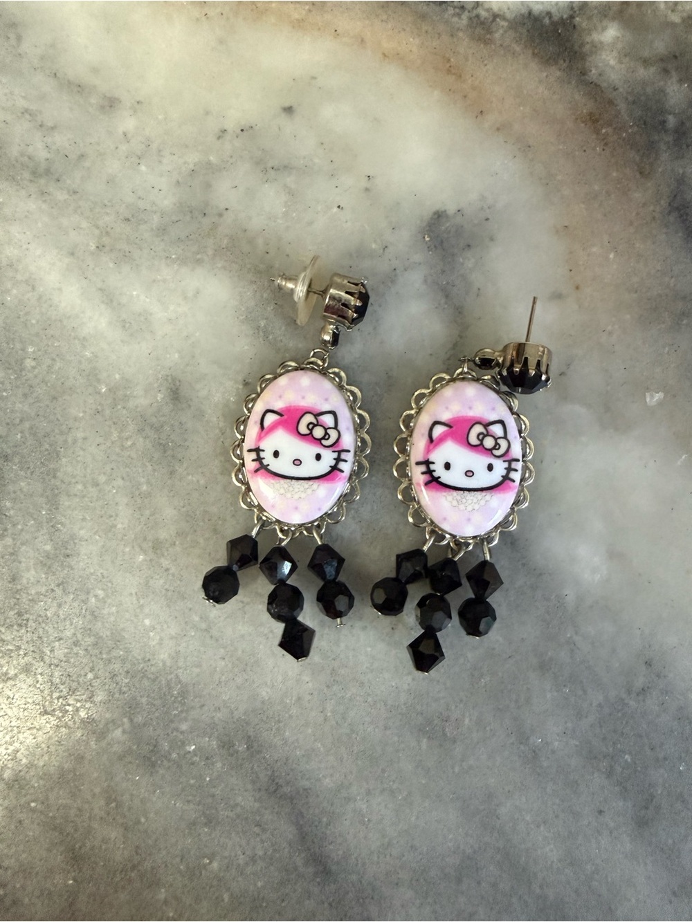 Tarina Tarantino Pink Hello Kitty Cameo Drop Earrings with Black Beads